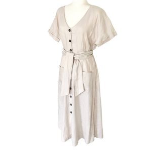 🆕 Rachel Zoe 100% Linen Prairie Beige Button Down Midi Dress